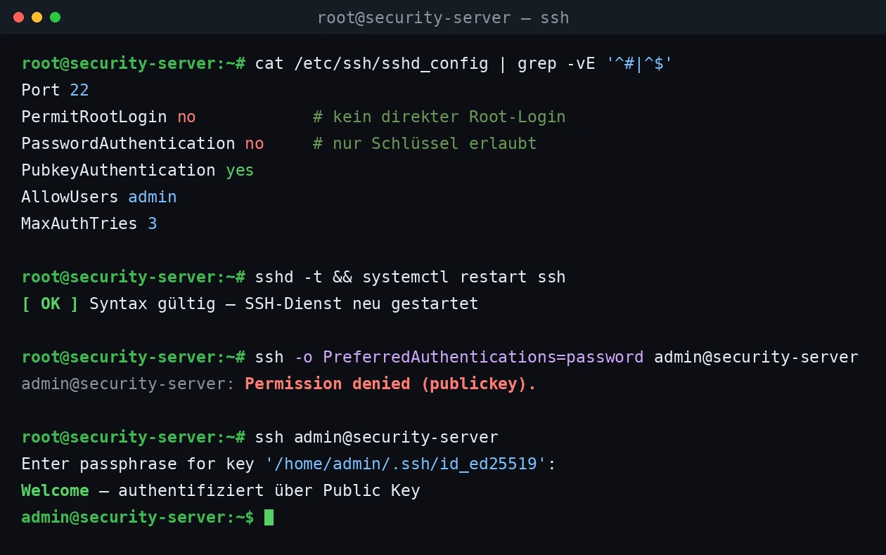 Terminal: SSH-Härtung und abgelehnte Passwort-Anmeldung